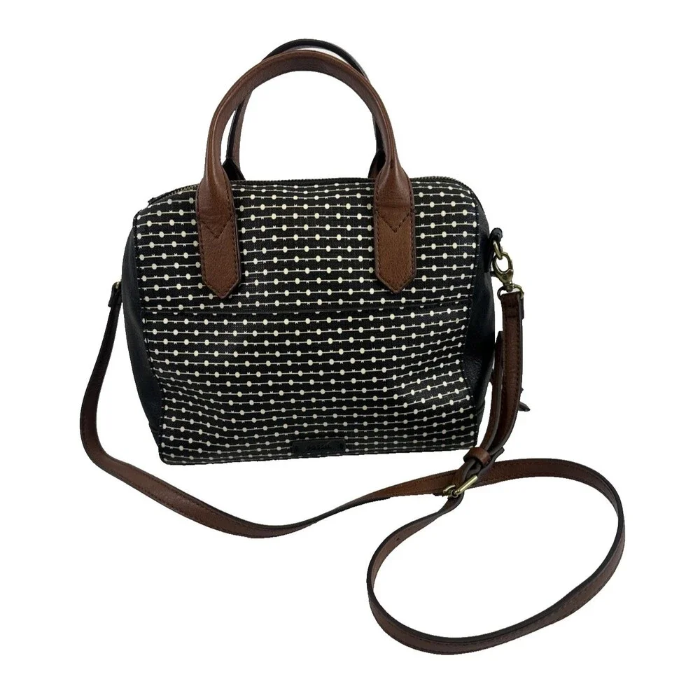 Fossil Fiona Satchel Black White Key Logo Faux Leather Crossbody Double Handle